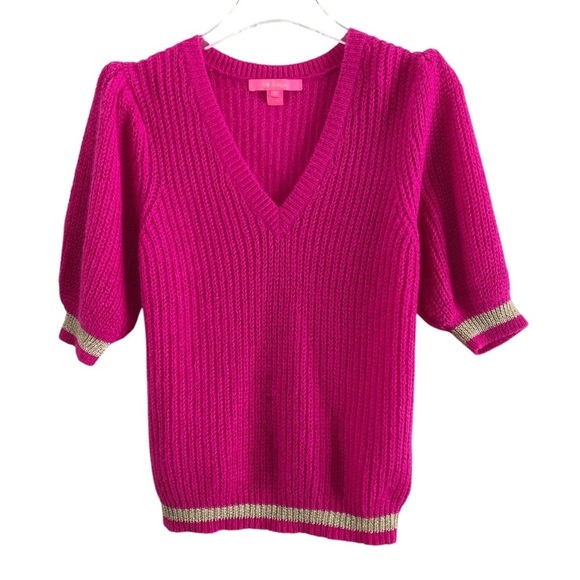 Lily Pulitzer Skylyn Sweater Pink Gold Metallic Trim XS - Picture 3 of 9